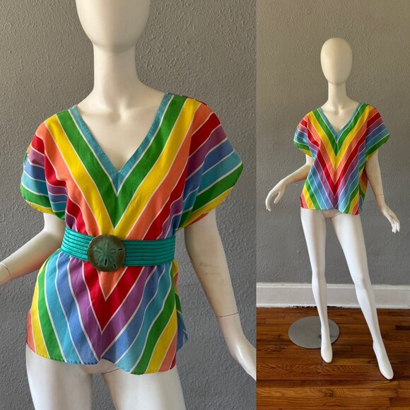 Tops - Vintage 70s 80s Rainbow Chevron Striped Top Blouse